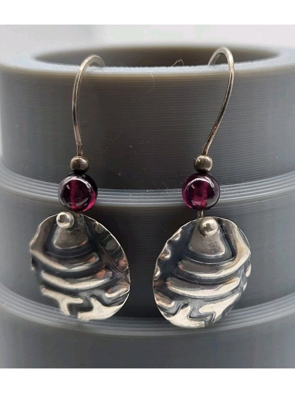 Stunning Sterling Silver Garnet Artisan Earrings Hand hammered Dangle Sexy